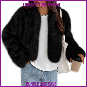 Cropped Faux Fur Jacket Open Front Fluffy Winter Coat Women's Outerwear